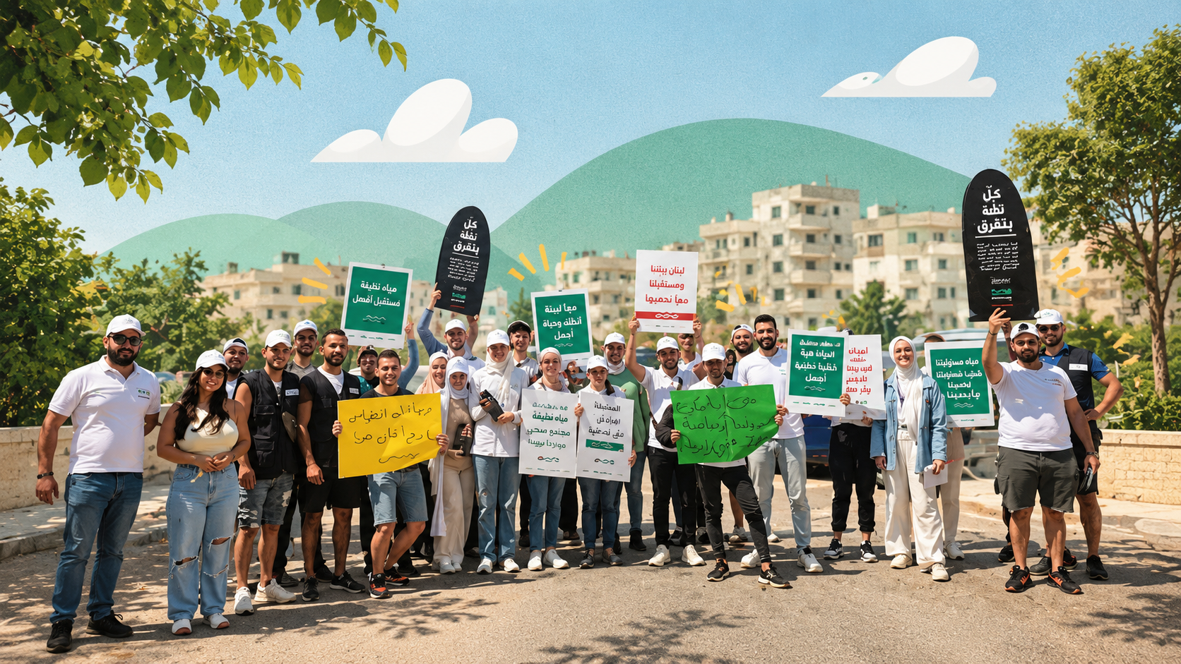 Young advocates gathered on a street in Tripoli holding campaign signs